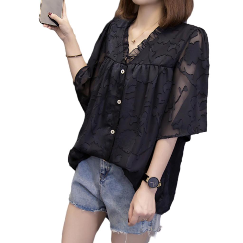 Short Sleeve Blouse with Embroidered Floral Print and Elegant Summer Top with Plus Sizes Perfect for and Office Perfect for Spring and Summer
