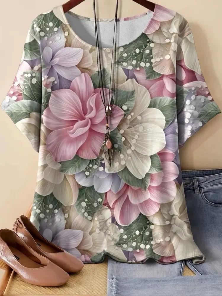 Summer women's printed pattern T-shirt casual short sleeved top fashionable women's round neck T-shirt
