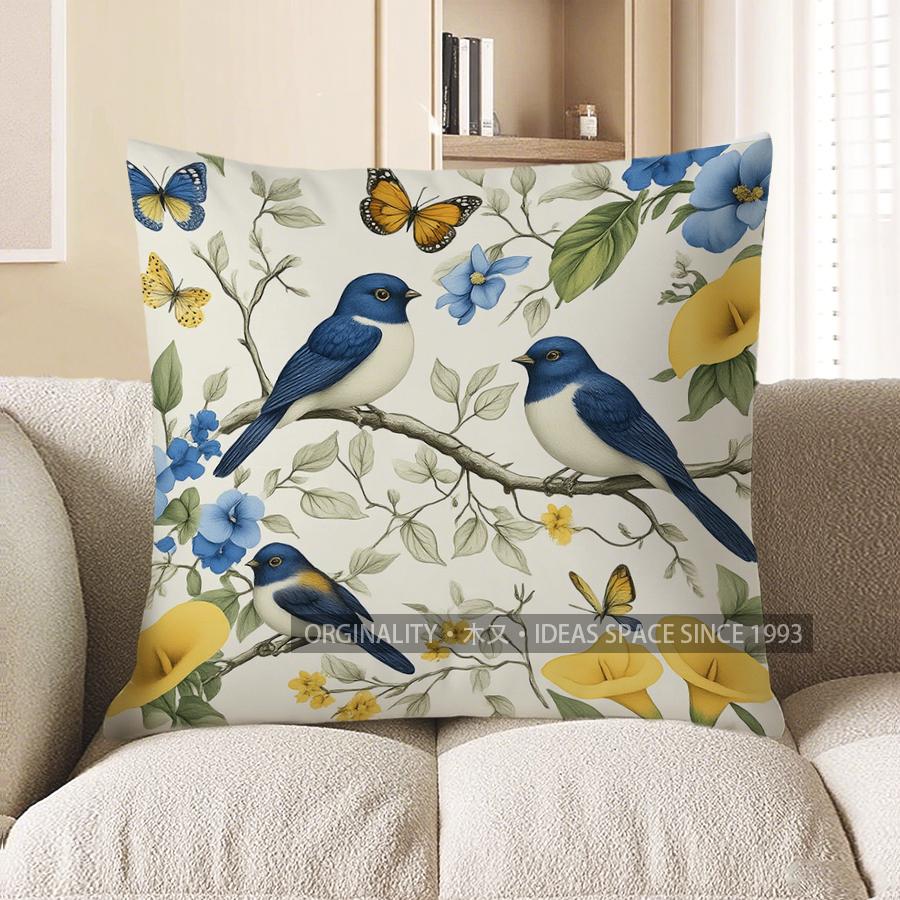 Home Decor Blue Birds & Flowers Printed Pillow Cover Pattern Cushion Cover Suitable For Sofa Bedroom Car Pillow Cover