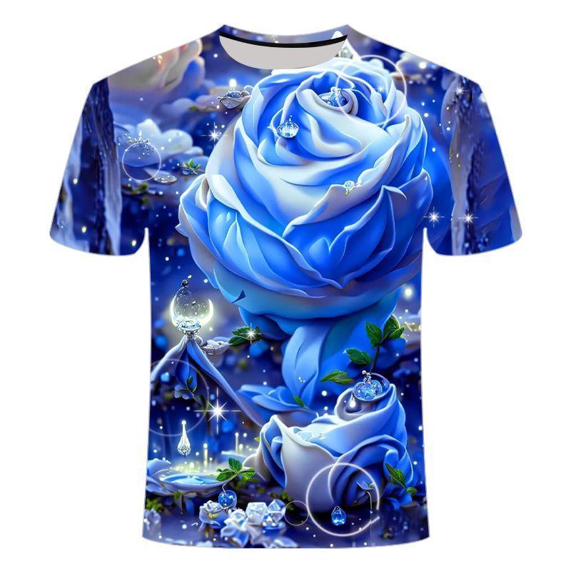 Blaue Rosenlandschaft 3D-bedrucktes, kurzärmeliges, modisches, lässiges T-Shirt für Männer und Frauen