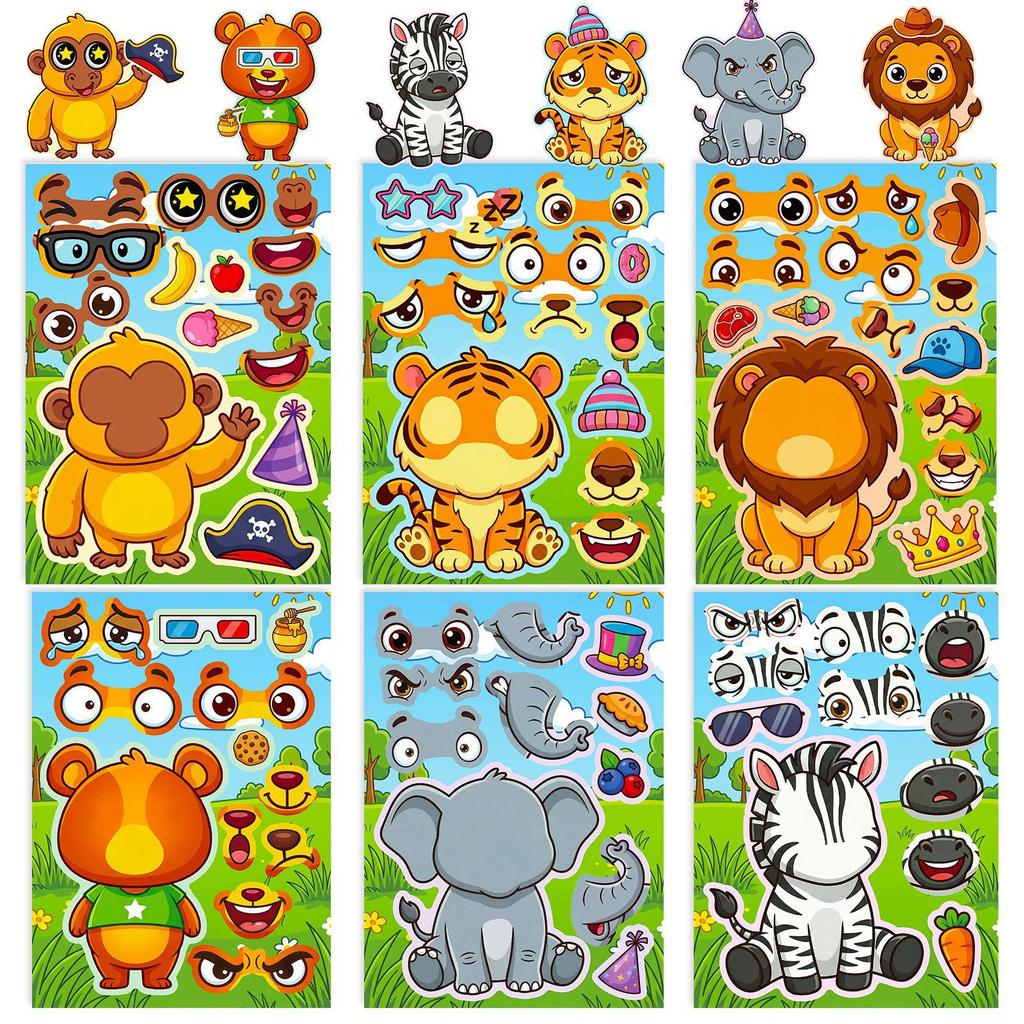 6 Sheets/Pack Cute Animal Face Stickers Diy Cartoon Animal Stickers Children'S Early Education Handmade Puzzle Stickers