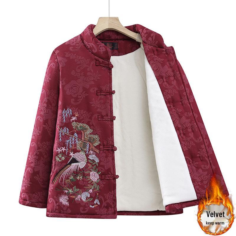 Grandma's Retro Embroidered Cotton Tang Suit Jacket for Elderly Women with Velvet Lining and Frog Buttons