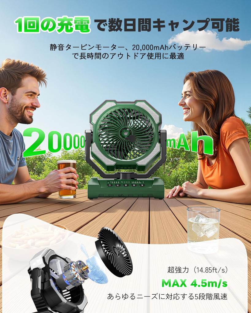 Portable Camping Fan with Up To 60 Hours of Continuous Hanging 4 Wind Outdoor Remote Control and Quiet DC LED Table Compact Heatstroke Suitable for