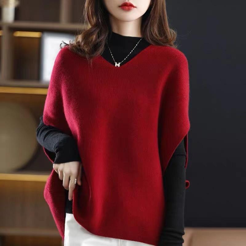 

Shoulder vest casual spring and autumn stacked wear versatile solid color bat sleeves large size v-neck knitted sweater women s pullover loose 45-132 (average size) червоний
