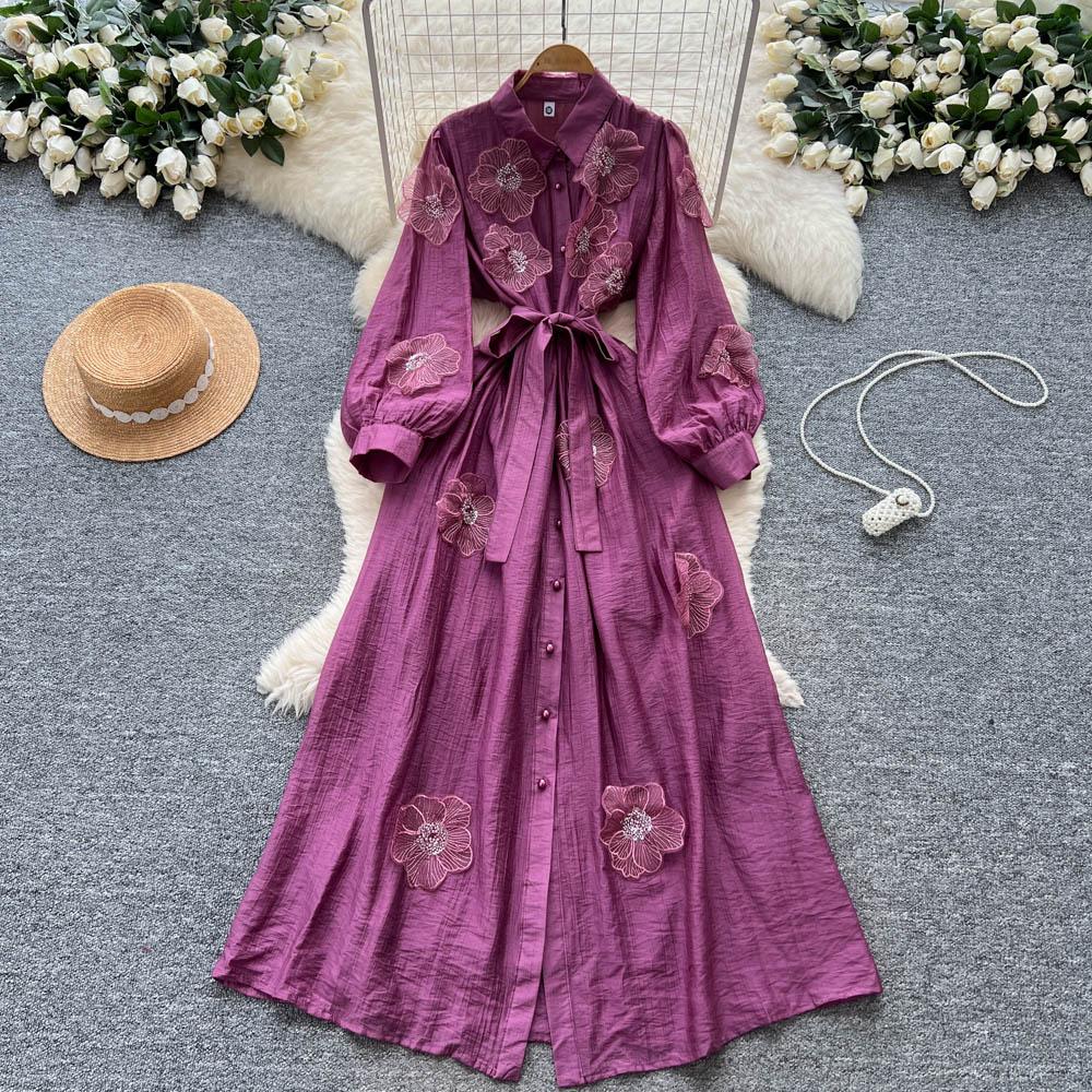 Französische Nagelperle Dreidimensionale Blume Umlegekragen Langärmelig Einreihig Riemen Taillenbetonendes Kleid für Damen