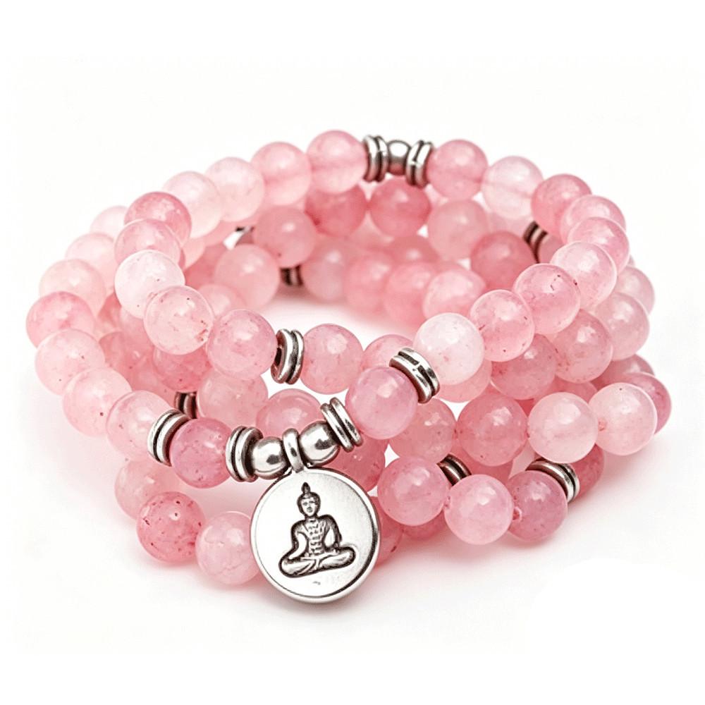 Natural Pink Crystal Bracelet with Lotus Ohm Pendant for Women - Buddhist Yoga Jewelry