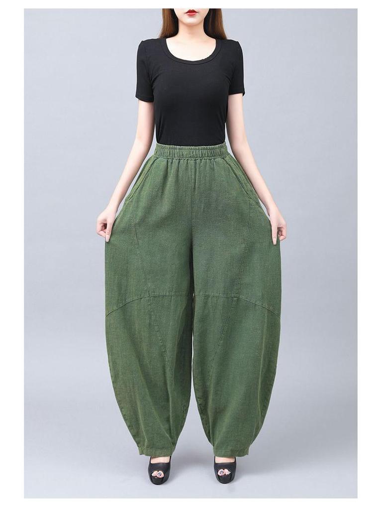 New Retro Cotton Linen Women's Plus Size Tai Chi Harem Pants - Wide Leg Lantern Trousers for Spring, Summer, and Autumn