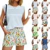 Women's Casual Fashion Crewneck Pleated Hawaiian Print Shorts Set