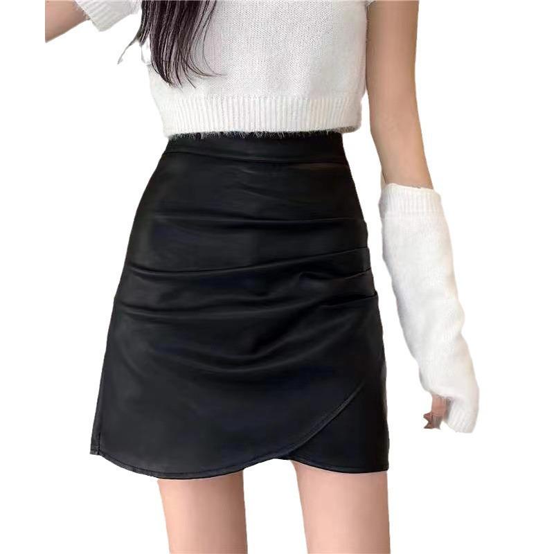 Women's High-Waisted Pleated Faux Leather A-Line Skirt - Slimming, Irregular Midi for Autumn/Winter.