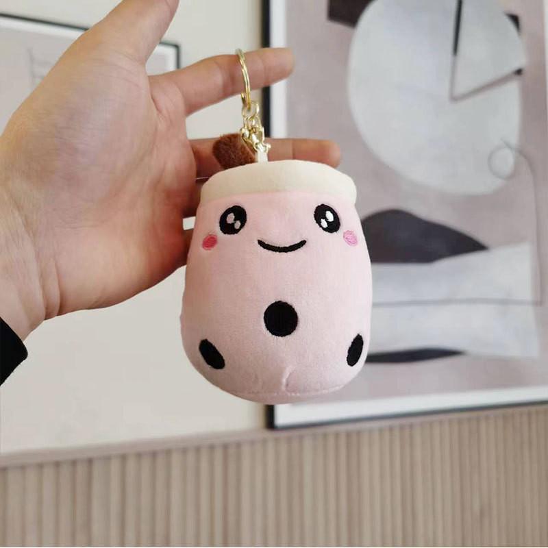 

Cute Plush Milk Tea Cup Keychain Backpack Charm In Pink Pouting Face Design Pink Smile