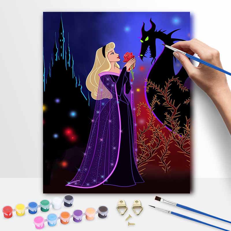 Disney Sleeping Beauty Aurora Maleficent Dragon Rose Castle Oil Painting Kit Home Decor Gift 20x30cm