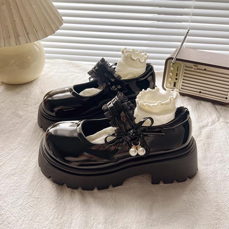 PU Leather Girls Black School Shoes Princess Soft Kids Flats Mary Janes for Wedding Party with Pearl Pendant Sweet Bright Skin