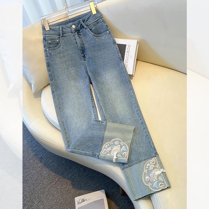 

Женские джинсы прямого кроя с вышивкой Весна-Лето 2025 - Узкие брюки-сигареты в китайском стиле 26/S (Recommended 85-95 kg) синий