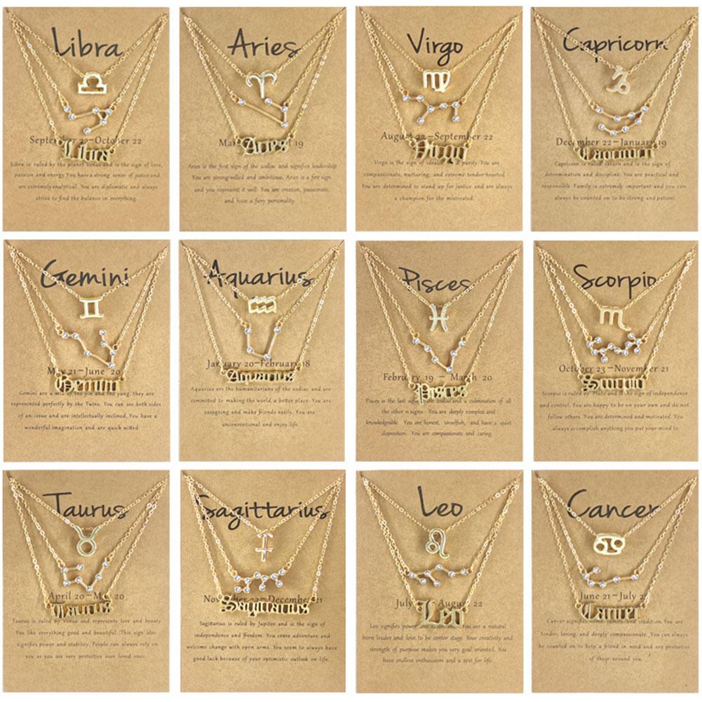 Fashion 12 Constellation Zodiac Star Sign Pendant Clear Zircon Women Necklaces Pisces Aries Taurus Horoscope Amulet Jewelry