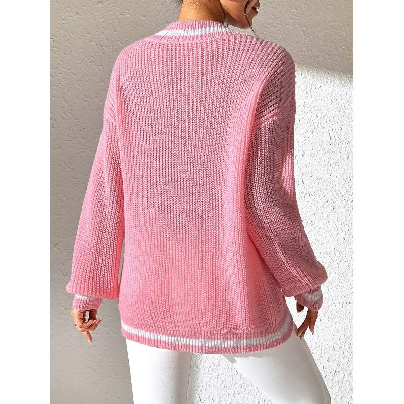 TIFICY Women's Fashion Casual Fall Winter Colour Block Print Long Sleeve V-Neck Sweaters
