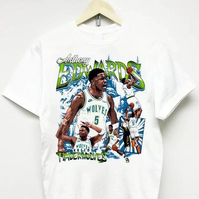 Stylish White Anthony Edwards Timberwolves Basketball Graphic Casual Cotton Short-Sleeve Woman And Men T-Shirt
