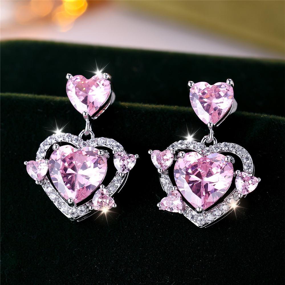 Süße weibliche Stein Weiß Rosa Zirkon Liebesherz Ohrstecker Silberfarbe Hochzeits Schmuck für Frauen