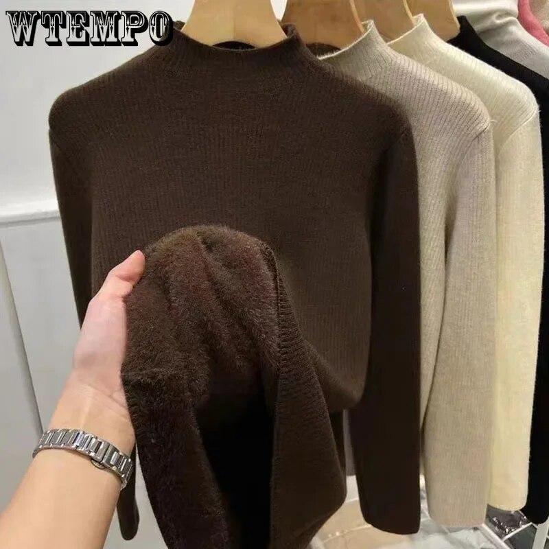 Plush Thicken Knitwear Women's Half High Neck Sweater Slim Top Warm Base Shirt Commuting Simple Casual Autumn Winter Pull Jumper