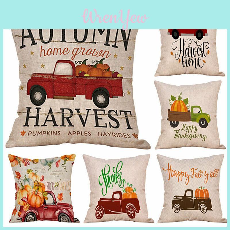 Lebhafter Kissenbezug mit Kürbis-Auto-Muster für gemütliche Heim- und Café-Dekoration