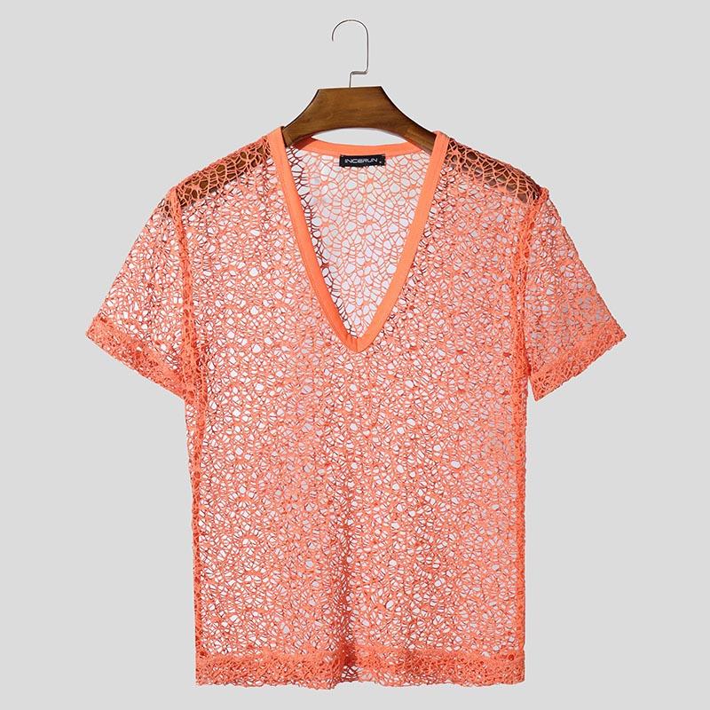 

INCERUN Летние мужские сетчатые прозрачные повседневные пляжные футболки с V-образным вырезом и коротким рукавом 3XL оранжевый