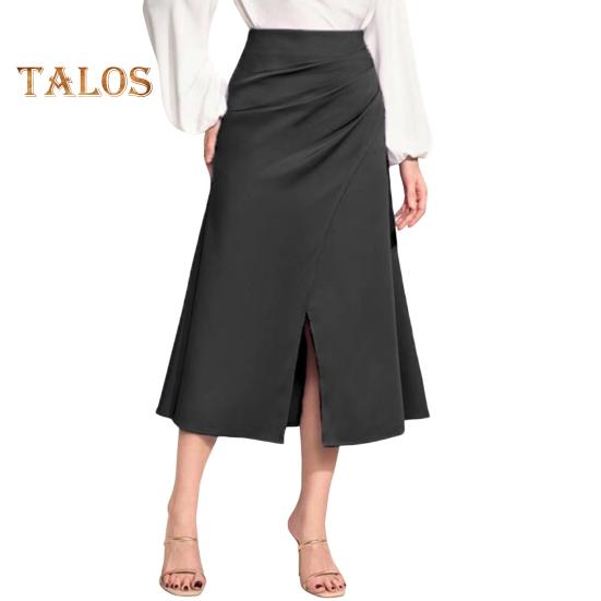 High-Waist Women Skirt Solid Color All-Match Style Pleated Skirt Slimming Design Slit Design Zipper Hip Wrapped Midi Skirt