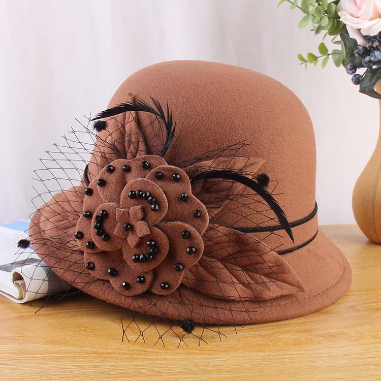 New Hat Ladies Korean Version Bowler Hat Handmade Beaded Woolen Woolen Pot Hat Autumn And Winter Warm Bucket Hat