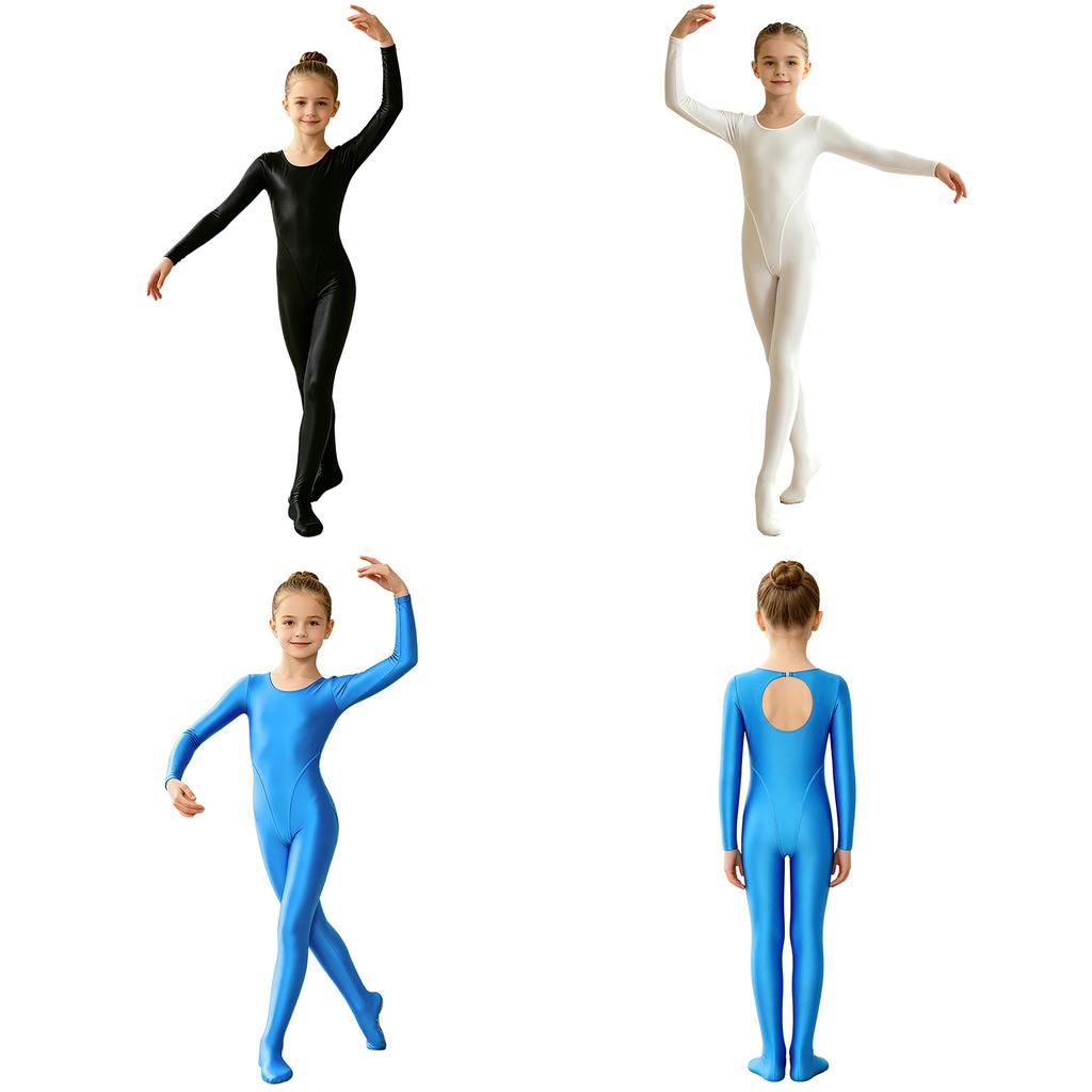 Shiny Long Sleeve Footed Leotard Keyhole Back Bodysuit for Girls Dance Gymnastics Practice and Stage Performance