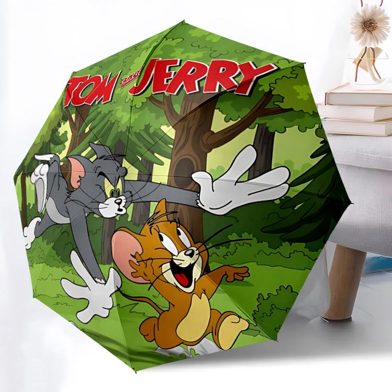 Tom und Jerry Automatischer Öffnungs-/Schließschirm, Robuster Eisenrahmen, Faltbares Tragbares Design, Reisen, Tägliche Nutzung 198