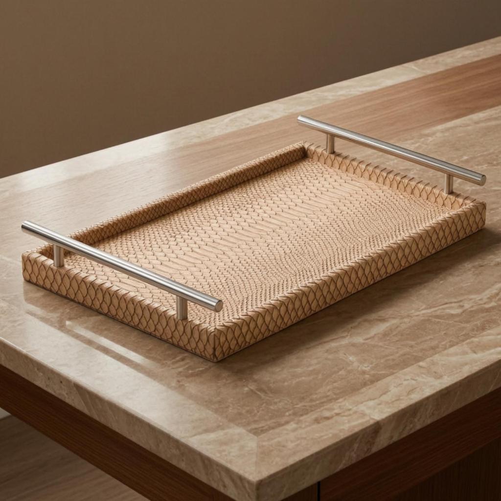 Embossed Leather Tray with Raised Edge Versatile Rectangular Decorative Handles Elegant