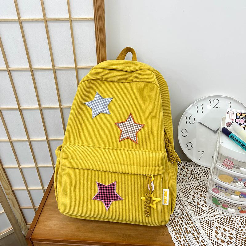 Schoolbag Star School Bag Female Japanese ins Corduroy Vintage Versatile College Wind Backpack High School Student Backpack