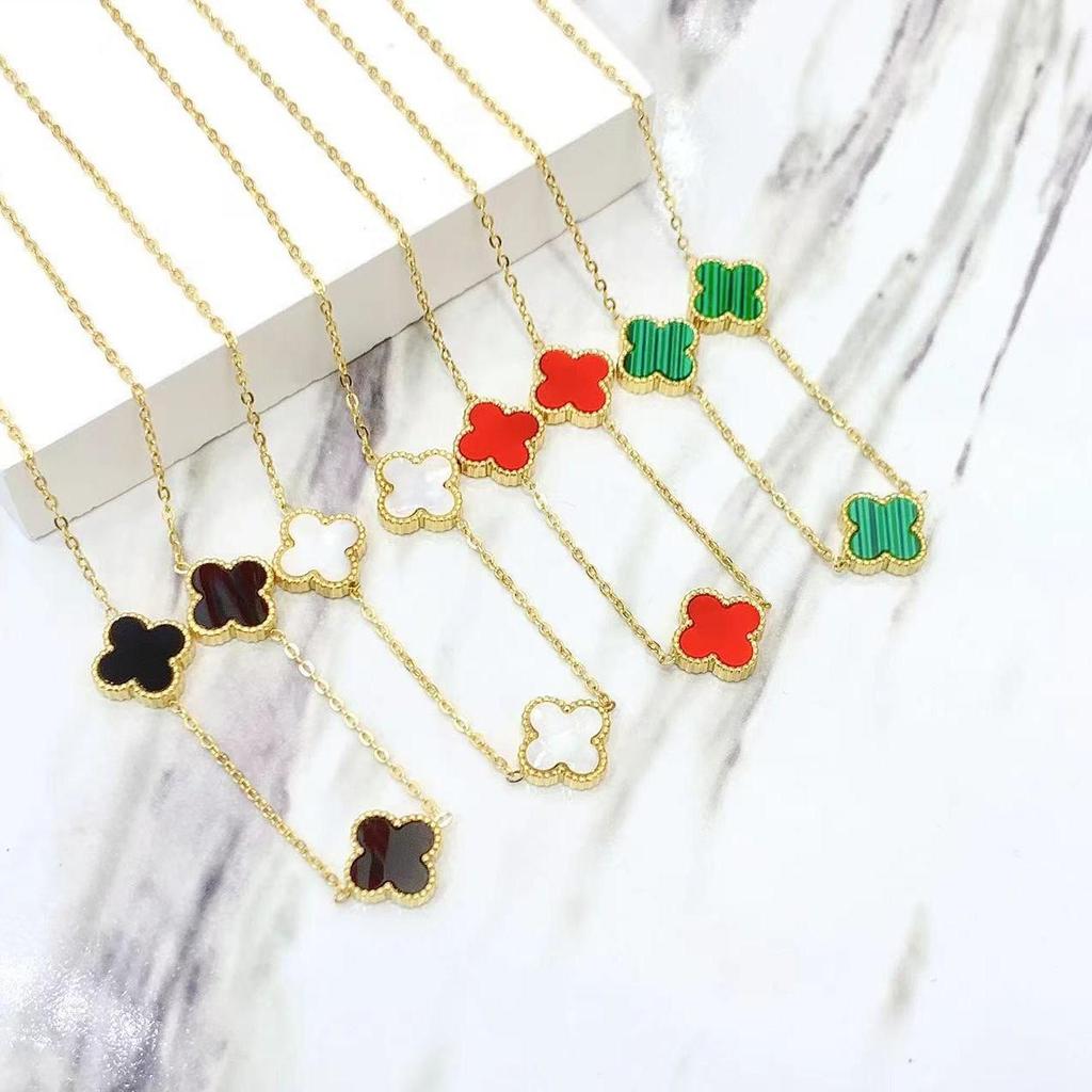 Korean Trendy Gold Four-Leaf Clover Double-Sided Necklace for Women Clavicle Chain Jewelry