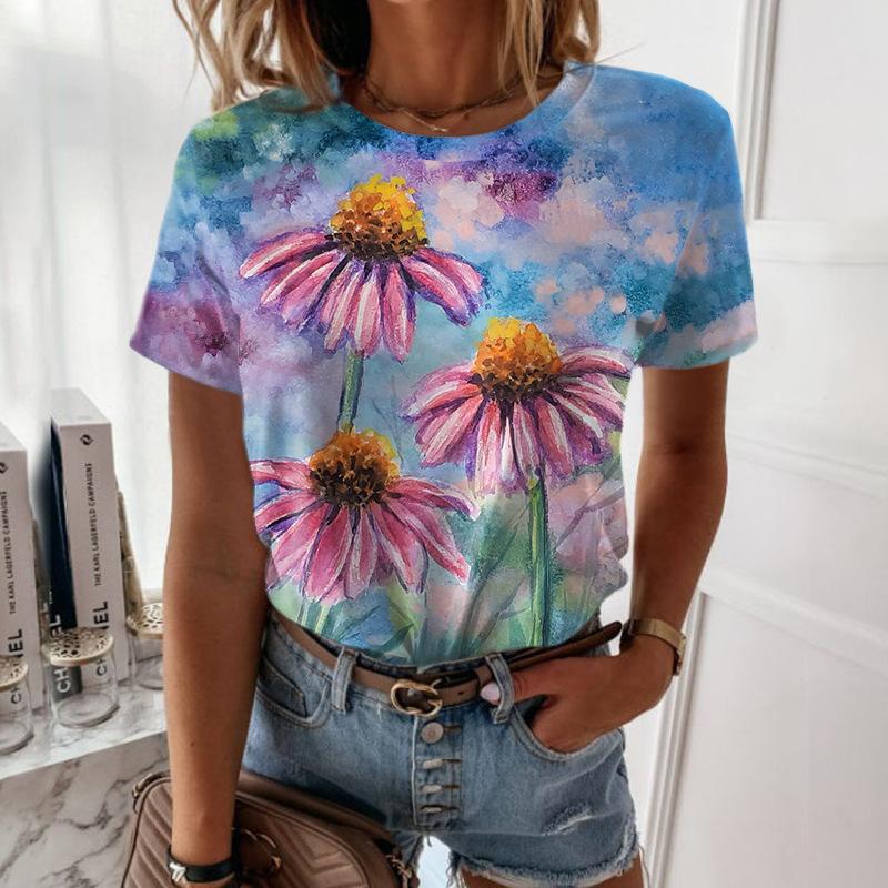 Women's Summer Loose 3D Printed Floral Round Neck Pullover Short Sleeved Top T-shirt
