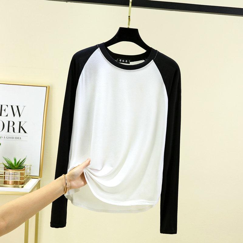 2024 Women's Black & White Color Block Raglan Long Sleeve Retro T-Shirt - Spring/Summer Loose & Slimming Base Layer