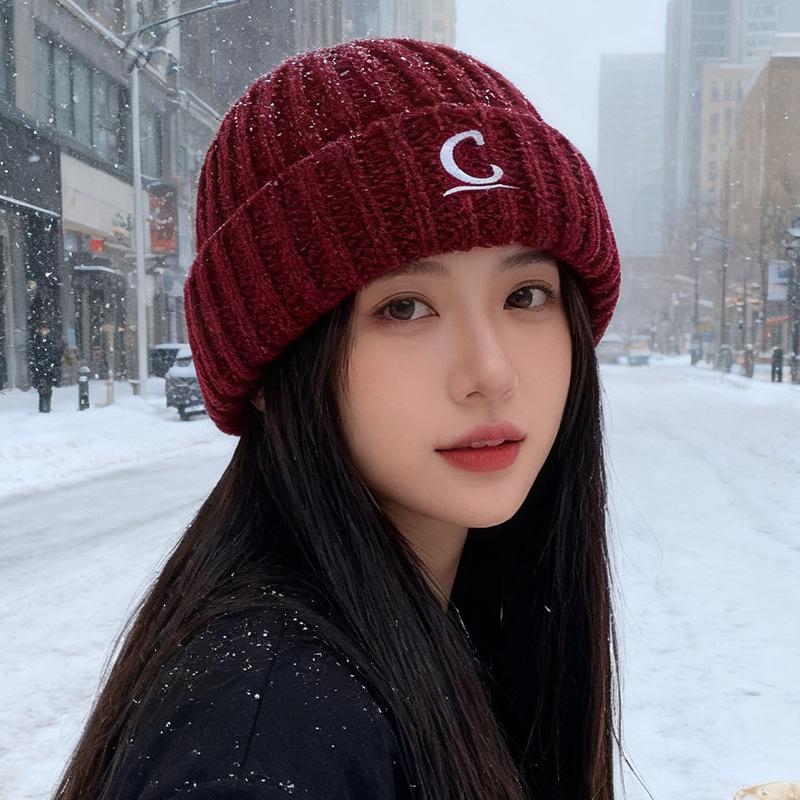 Warm Knitted Wool Hat for Men and Women Korean Version C Letter Embroidered Melon Leather Hat Showing Face with Little Couple Cold Hat Trend