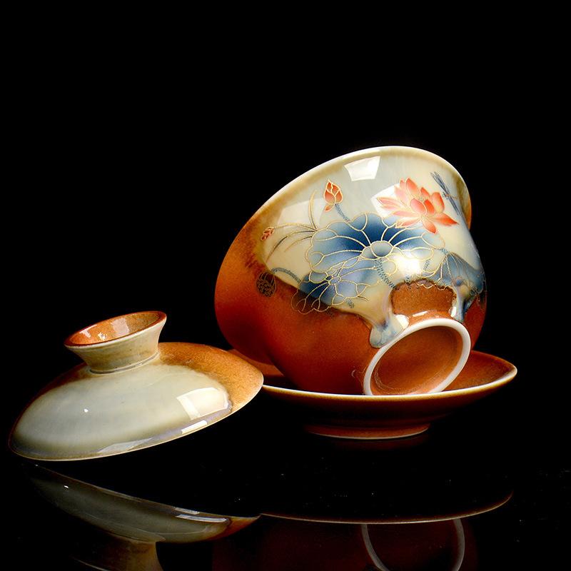 Hand Painted Lotus Gaiwan Ceramic Porcelain Tea Tureen Bowl Rotatable Lid Saucer Vintage Teacups Tea Ceremony Teaware Drinkware