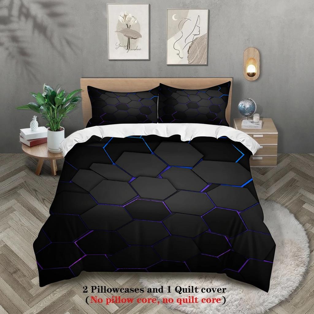 3Pcs Breathable Geometric Pattern Duvet Cover Set, All Season Machine Washable Bedding with Pillowcases Home Decor