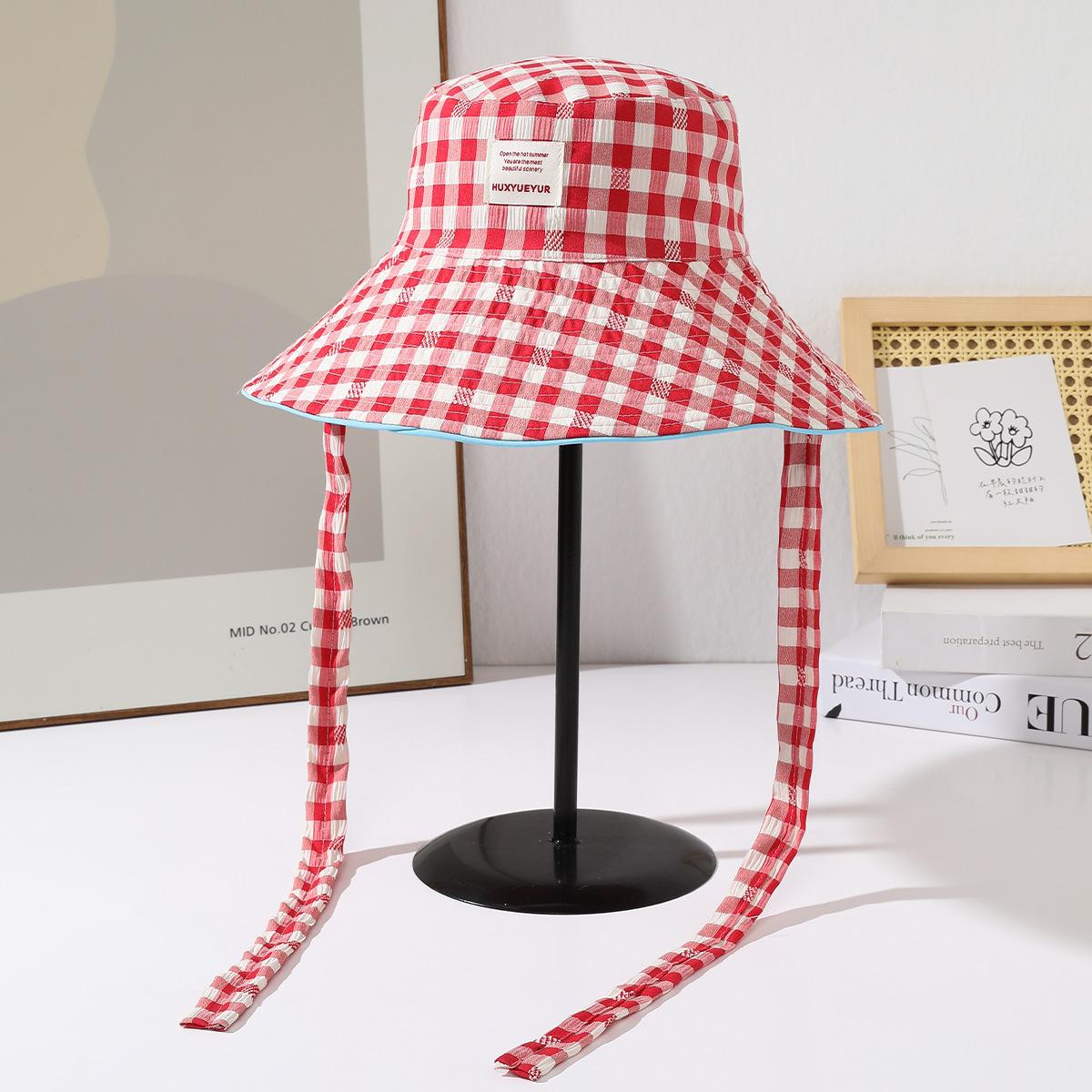 

Новая клетчатая шляпа-ведро с широкими полями на шнуровке, женская летняя шляпа с большими полями, подчеркивающая лицо, маленькая солнцезащитная шляпа M（56-58cm） красный