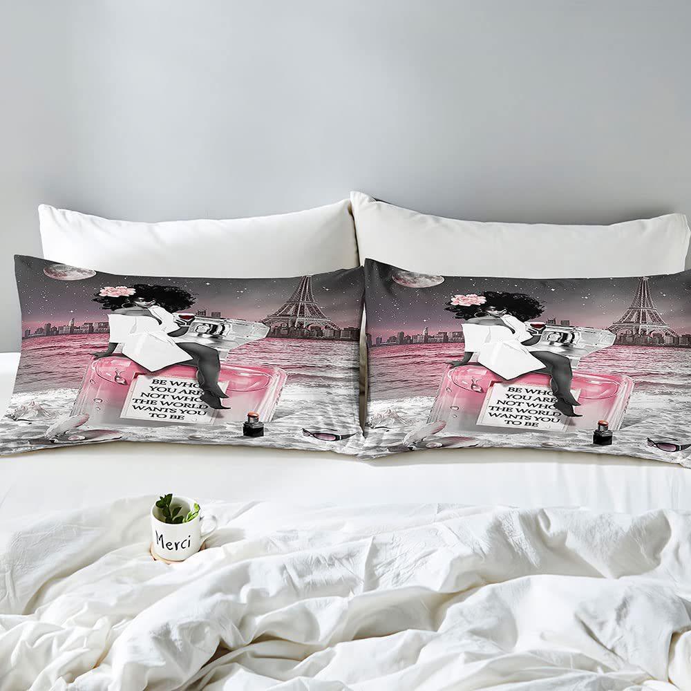 African Girl Duvet Cover Eiffel Tower Three-Piece Soft Bedding Set With Pillowcase