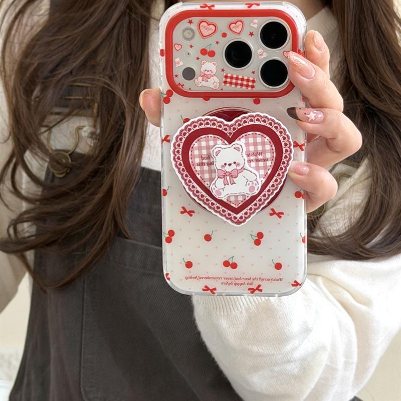 Cherry Heart Bear Magnetic Stand Phone Case for iPhone 17/16 Pro Max/15/14