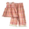 Girls Summer Plaid Sleeveless Vest And Long Pants Two Piece Set Casual Thin Lace Trim Outfit For Kids
