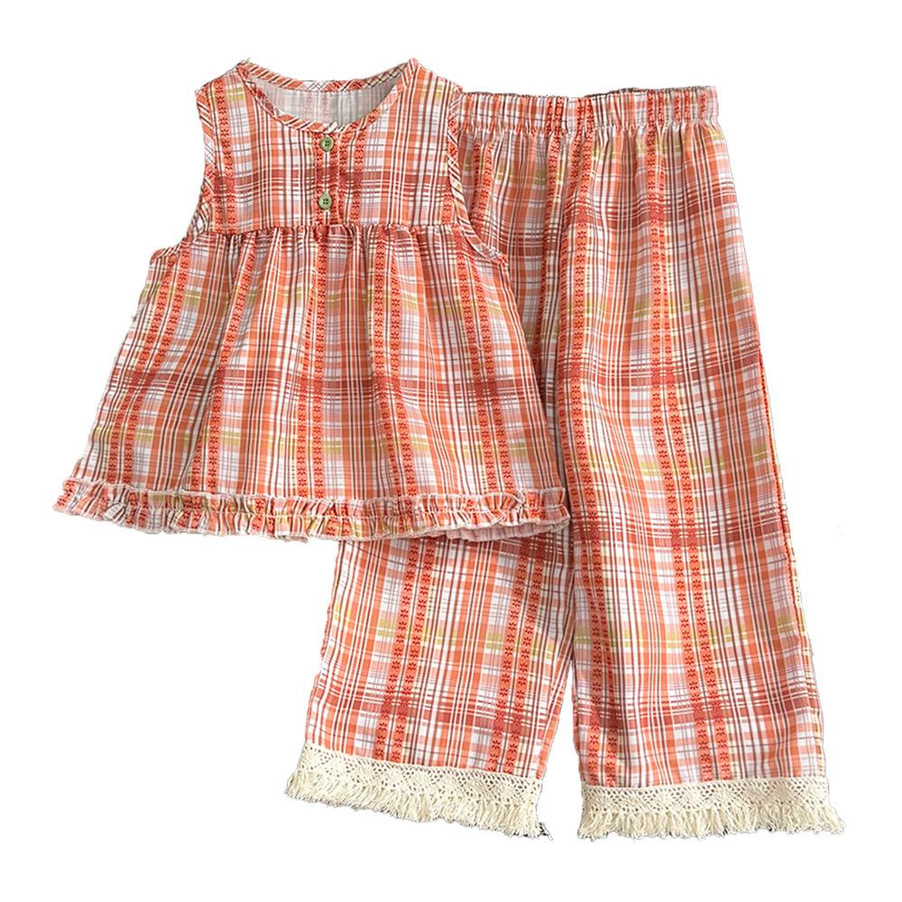 Girls Summer Plaid Sleeveless Vest And Long Pants Two Piece Set Casual Thin Lace Trim Outfit For Kids