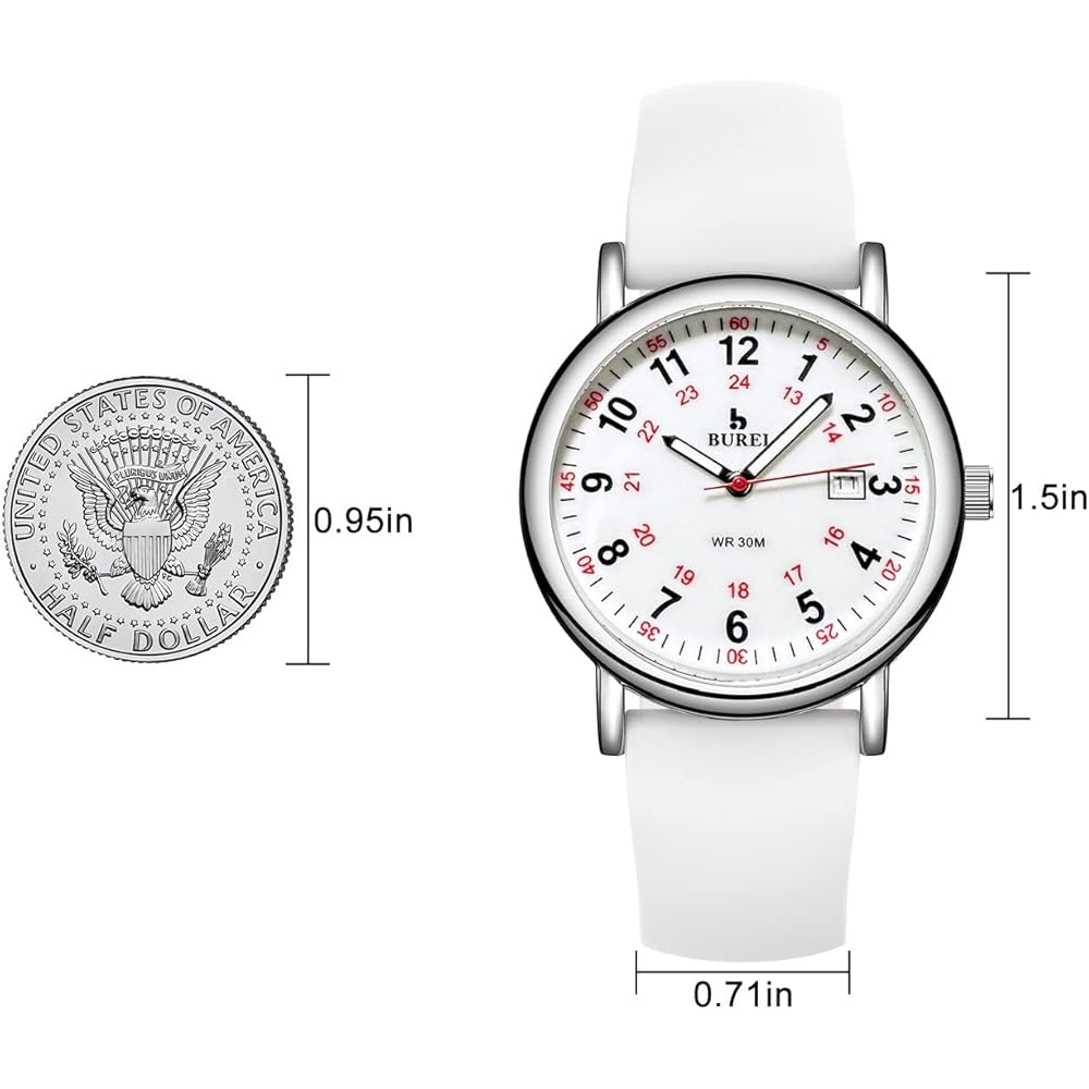 BUREI Women's Analog Quartz Watch White Waterproof Date Slim Lightweight Silicone Band Casual Business