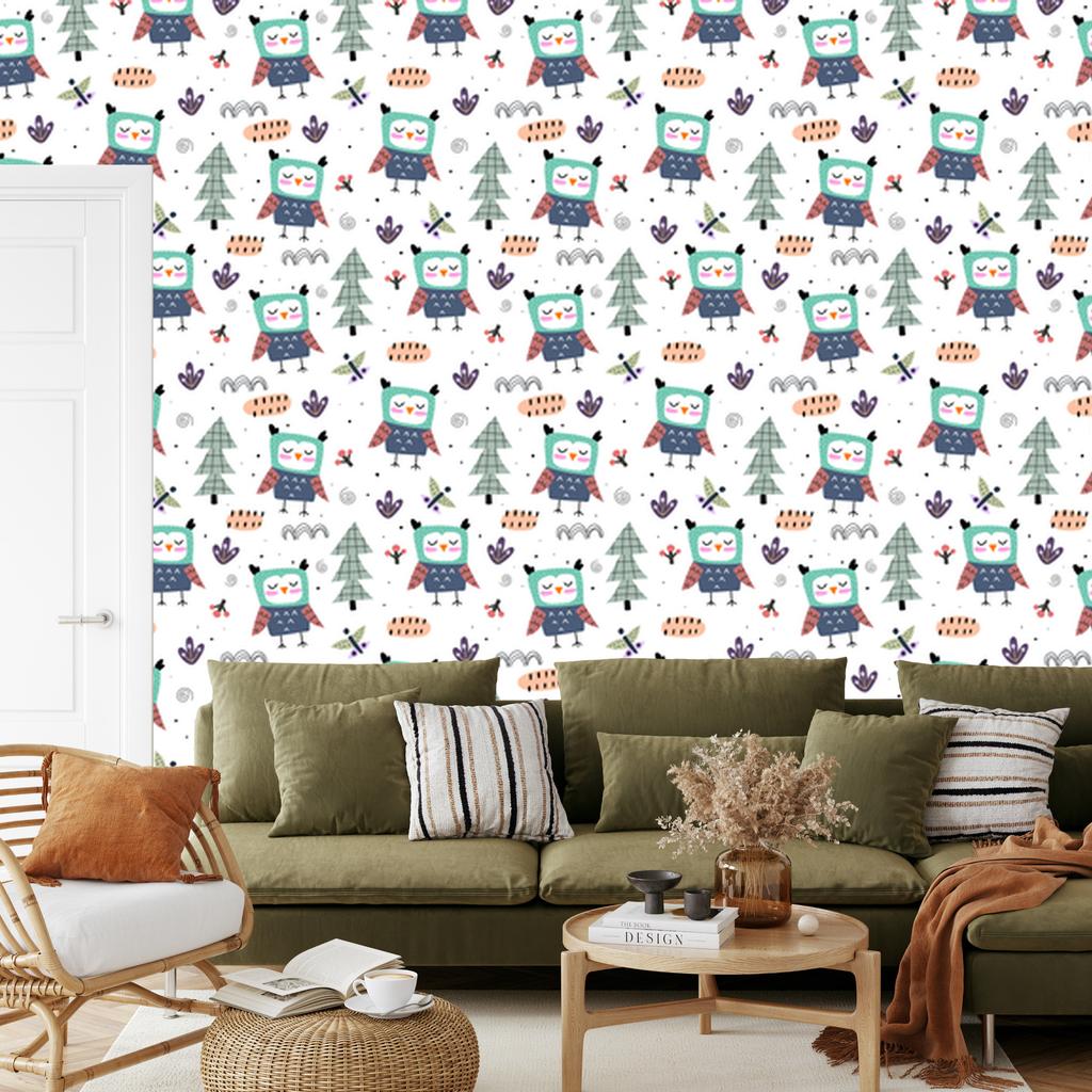 Owls with butterflies wallpaper for living room and bedroom 50x1000