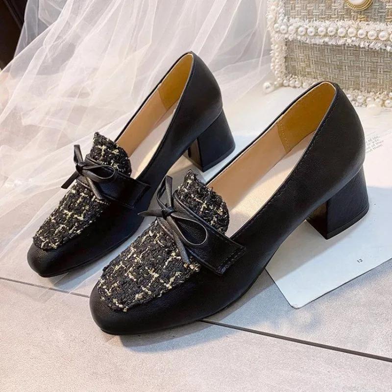 Woman Pumps Block Heel Loafers with Bow Chunky Heels Square Toe Shoes for Women Medium Y2k Popular Stylish Luxury Brand Shoe 39
