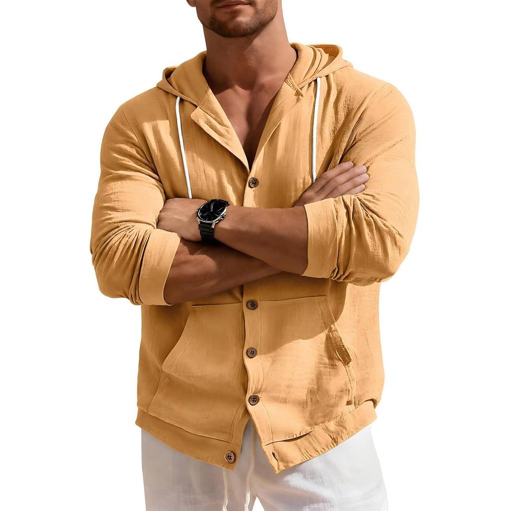 Men's Cotton Linen Hooded Long Sleeve Casual Shirt Loose Fit Breathable Beach Cover Up