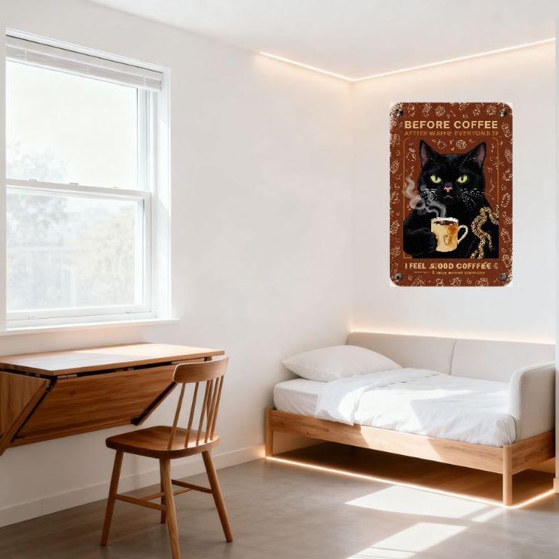 Vintage Brown Background Coffee Cat Tin Sign with Cat Holding Coffee Cup, Retro Coffee Icons, Home Cafe Bar Wall Decor Metal Pos