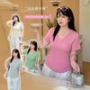 Large Size Women's V-neck Front Shoulder Short-sleeved T-shirt Summer Candy Color Thin Waist Versatile Top 232250