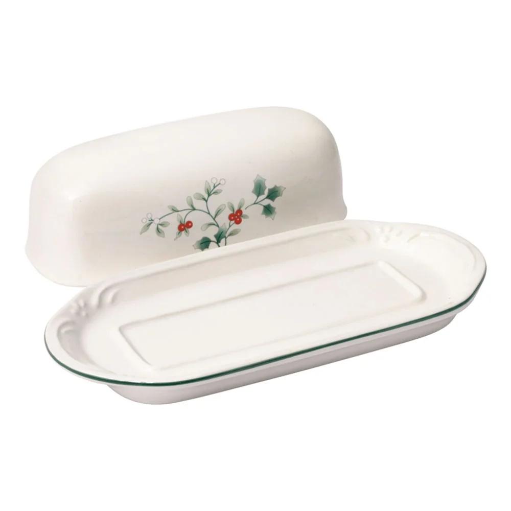 Winterberry Butter Dish Covered Stoneware Festive Holiday Dinnerware Dishwasher Safe Embossed Design Christmas Table Serving
