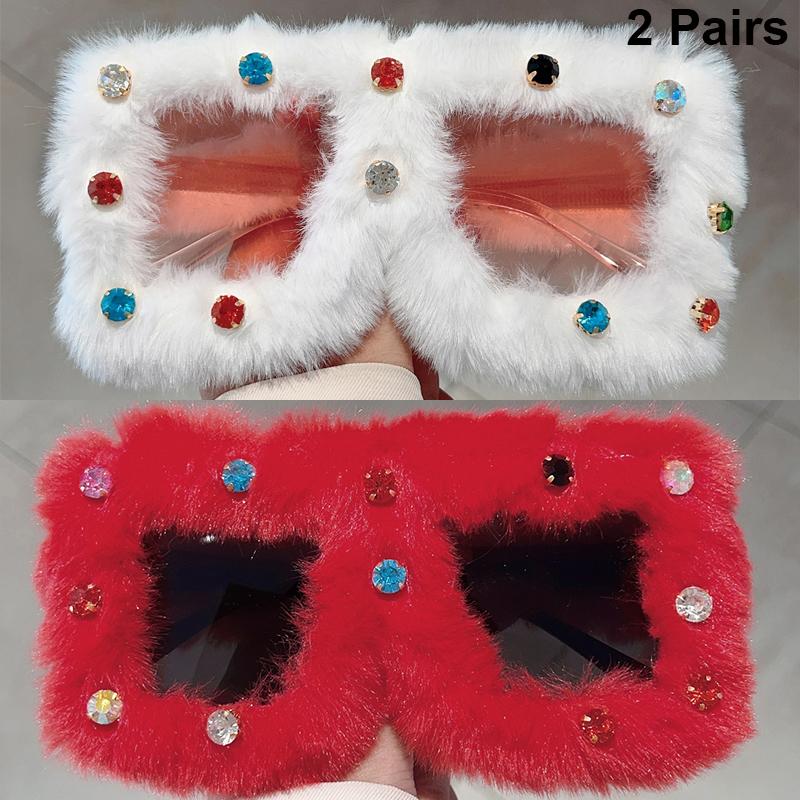2 Pairs Square Furry Sunglasses with Rhinestones Women Fashion Oversized Winter Shades Trendy Chic Original Handmade Sun Glasses