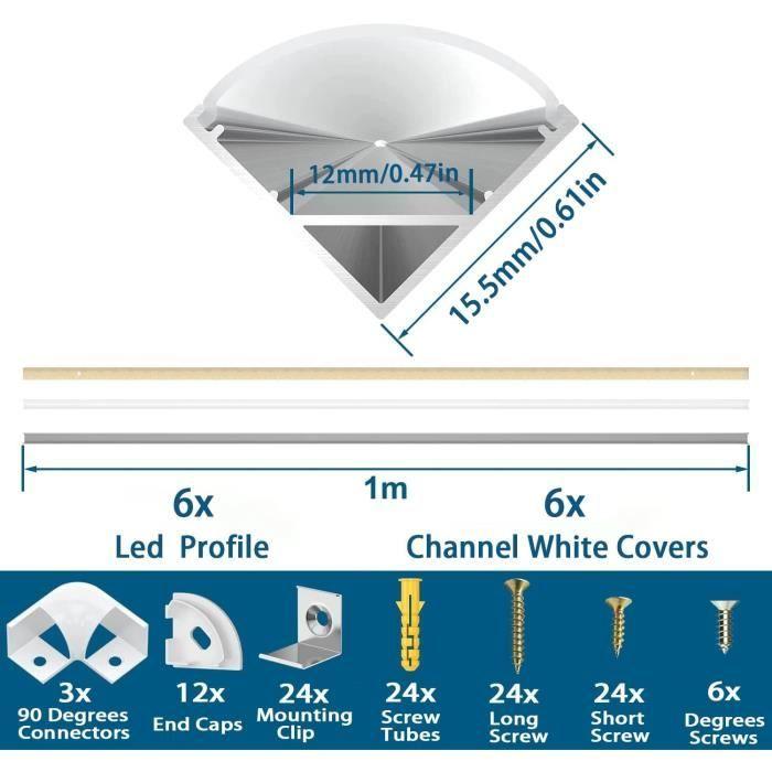 Profilé LED Aluminium - ANICEMOON - Lot de 6 - Couvercle Blanc Laiteux - Eclairage Intérieur - Montage Facile